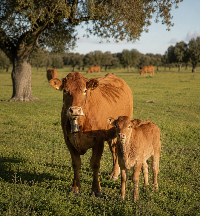 Ganado raza limousin pastando en la dehesa